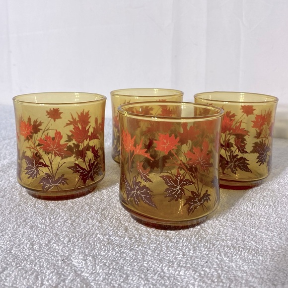 Vintage Libby Amber Glass Autumn Leaf Pattern Juice Glasses x4 - Picture 1 of 11